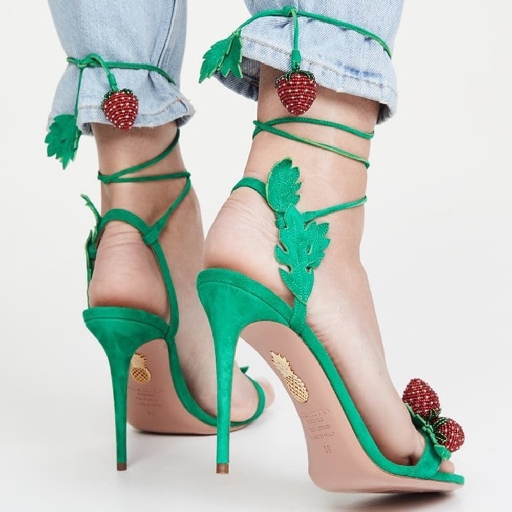 EUC Aquazzura Green Fragolina 105 Embellished Suede Sandals 37 $1,295 - Picture 5 of 17
